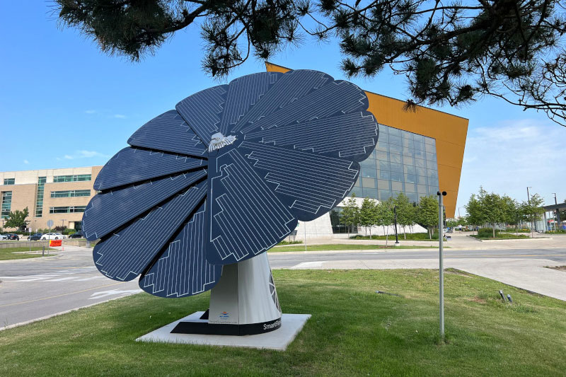 Large flower-shaped solar panel installation near a building