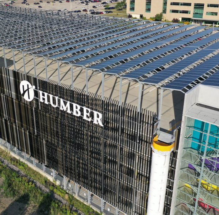 exterior of Humber college roof with solar panels 