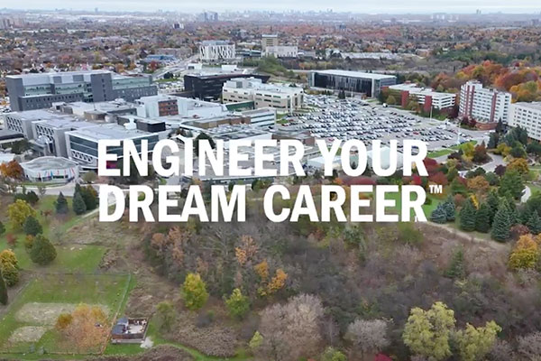 exterior shot of humber north campus with the words engineer your dream career