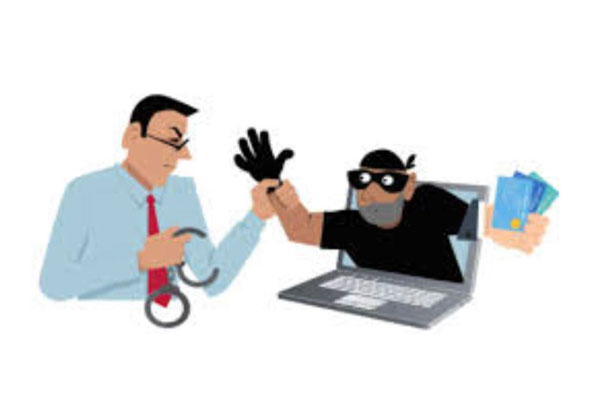 2D illustration of a robber coming out of a computer screen being arrested
