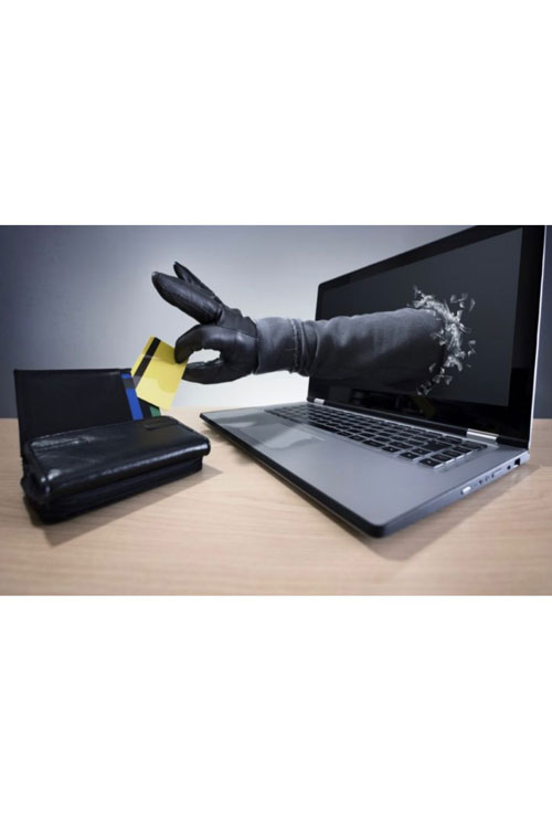 a hand emerging from a computer screen to steal a credit card from a wallet