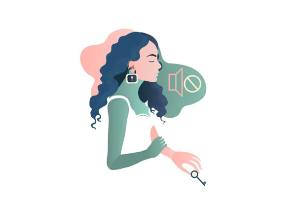 2D illustration of a woman holding a key with a lock on her ear and a mute symbol in front her face