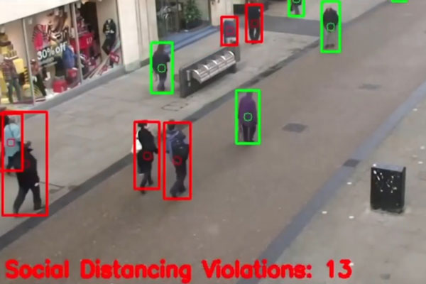 surveillance footage showing people outlined in green or red boxes