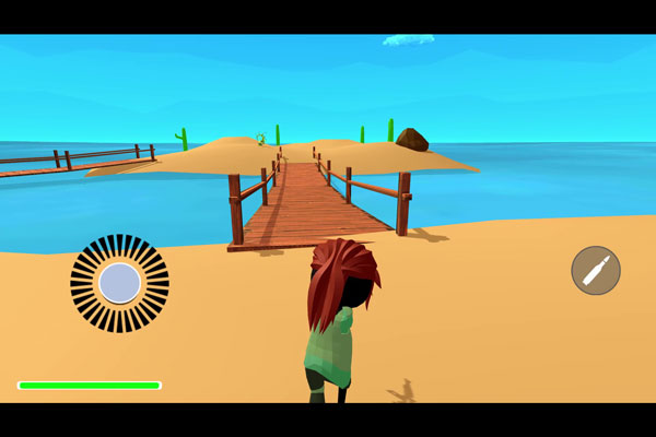 3D render of character on beach with game interface graphics