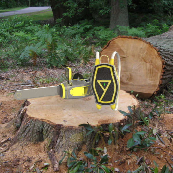 3D render of the Spinsaw 360 on a tree stump