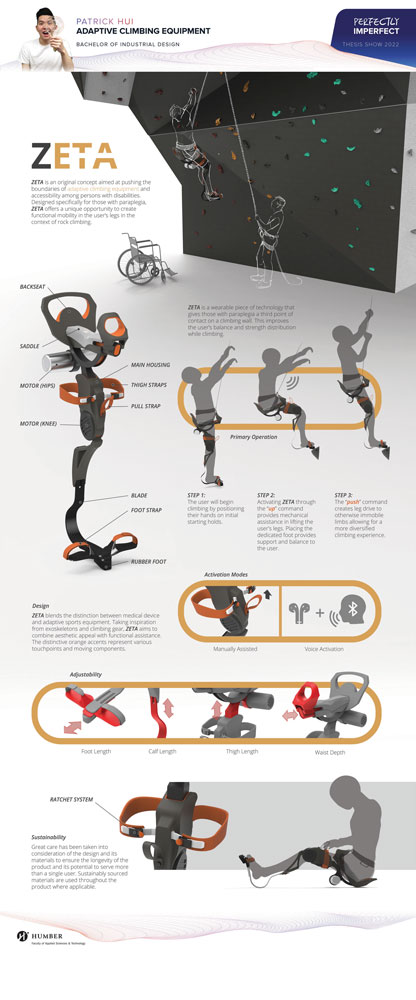 poster demonstrating the ZETA adaptive climbing equipment and its functions
