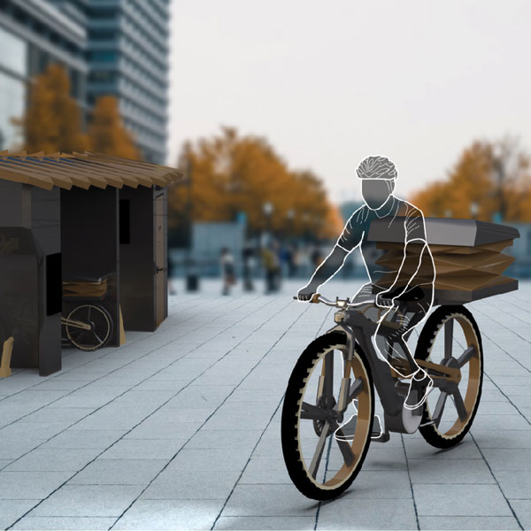 3D render of a person riding a bike in an urban area