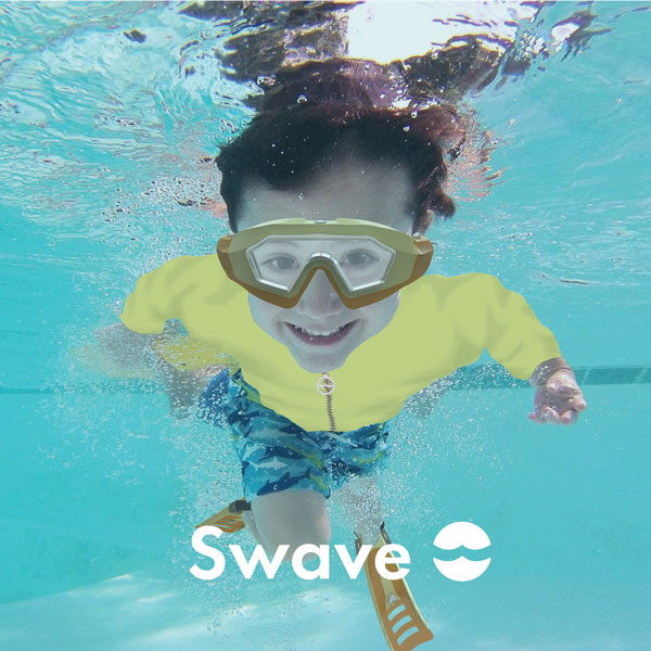 3d render of the smart goggles on a child swimming with the SWAVE logo