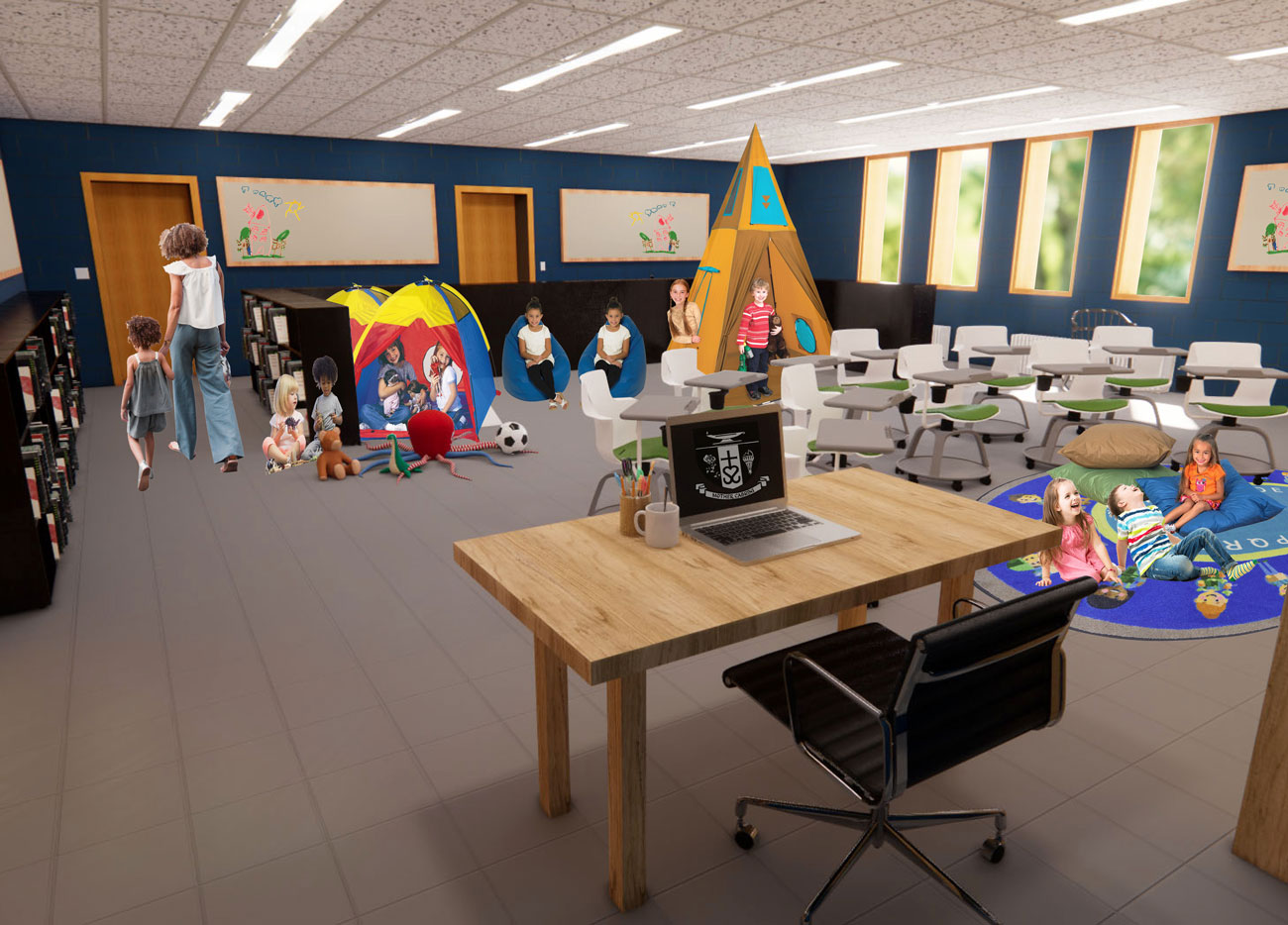 Render of children playing in a library