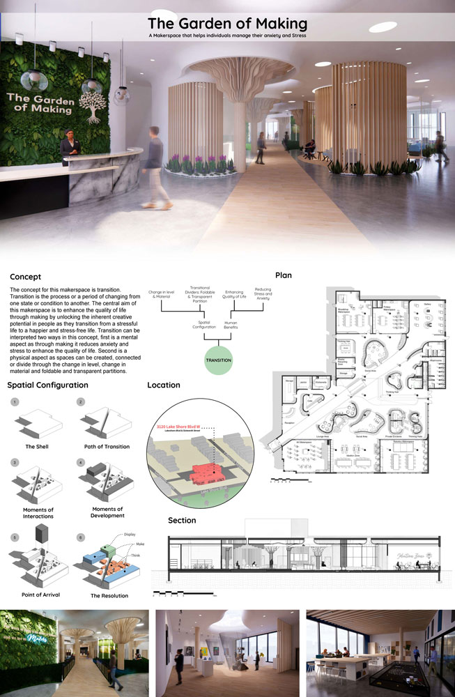 Poster showcasing 3D renders, floor plan, site location, isometric illustrations of spacial configuration, section diagram and concept description of The Garden of Making.