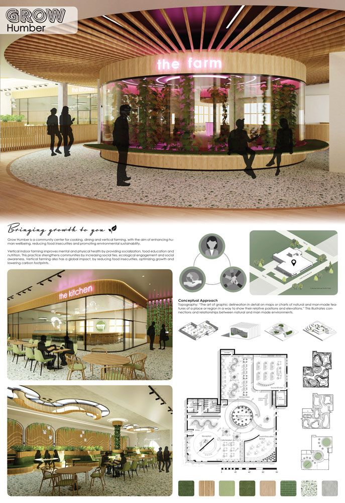 Poster showcasing 3D room renderings, map of site location, conceptual illustrations, floor plan, and material swatches.