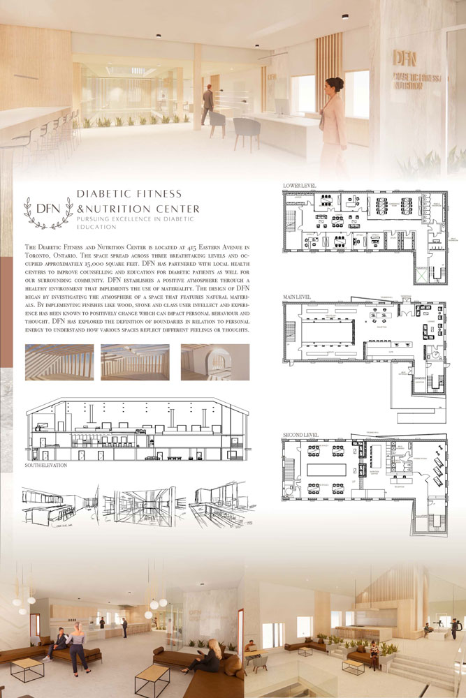 Poster showcasing floor plans, 3D room renderings, conceptual sketches, and elevation diagram. 