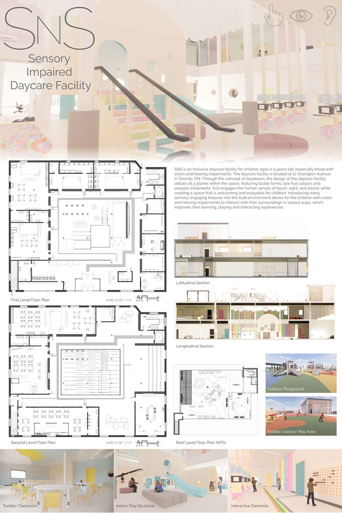 Poster showcasing floor plans, illustrated sections, and 3D renders of the Sensory Impaired Daycare Facility.
