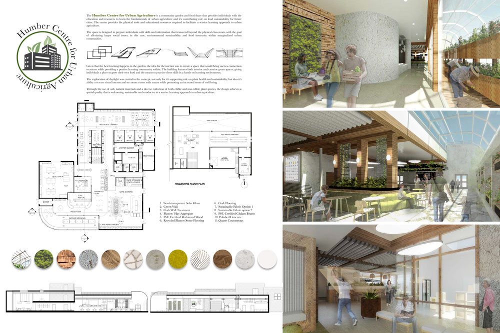 Poster showing the floor plans, section diagrams, 3D renderings and material swatches of the Humber Centre for Urban Agriculture.