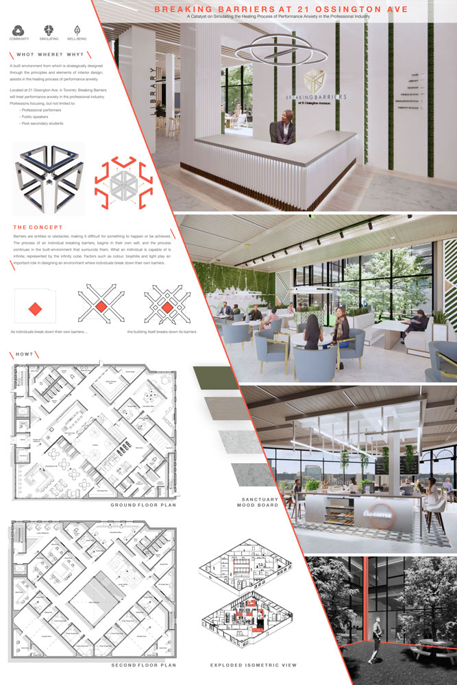 Poster showcasing 3D room renders, floor plans, mood board swatches, isometric diagrams and conceptual diagrams of Breaking Barriers.