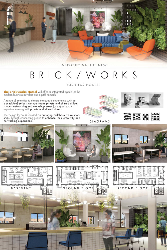 Poster showing 3D renders, floor plans and conceptual sketches of The Brickworks Hostel.
