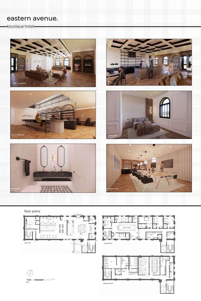 Easten avenue boutique hotel poster showing room renders and floor plans.