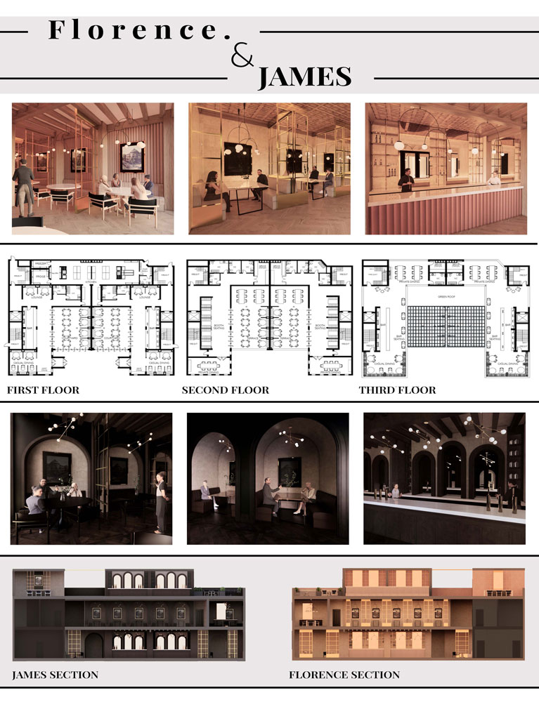 Poster showcasing 3D room renderings, floor plans, and section diagrams.