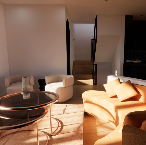 3D rendered sunny sitting area with curved orange couch