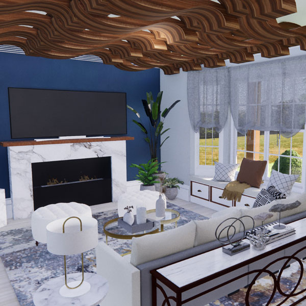 3D rendered living area with blue walls