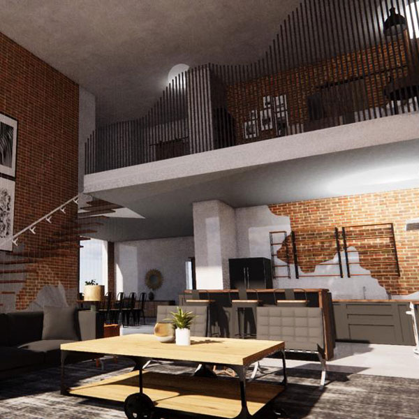 3D rendered loft interior with a floating staircase