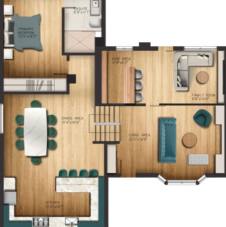 3D rendered floor plan of a living space showing furniture and details