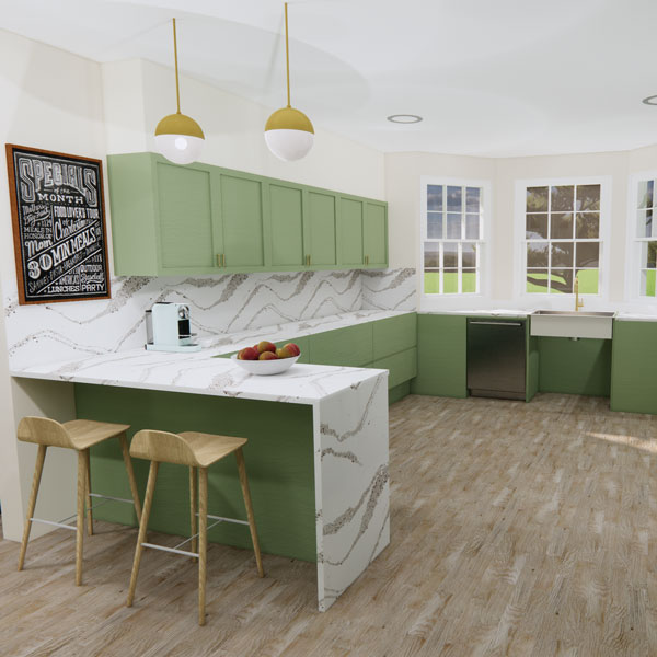 3D rendered spacious kitchen with green cabinets