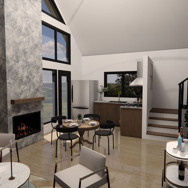 3D render of spacious living and dining area