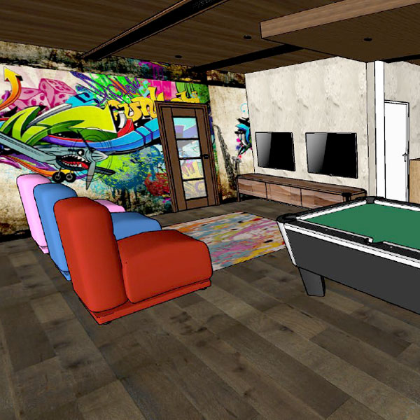 3D render of basement lounge