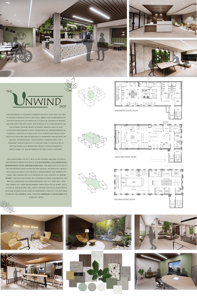 Poster showing 3D renders, floor plans and conceptual sketches of The Unwind.