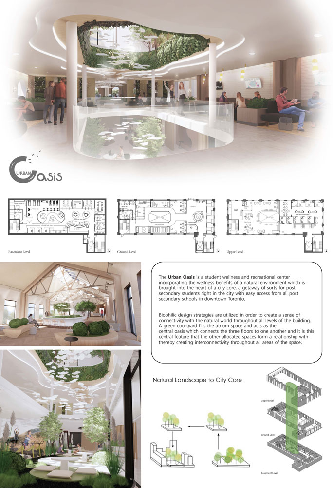 Poster showing 3D renders, floor plans and conceptual sketches of Urban Oasis.