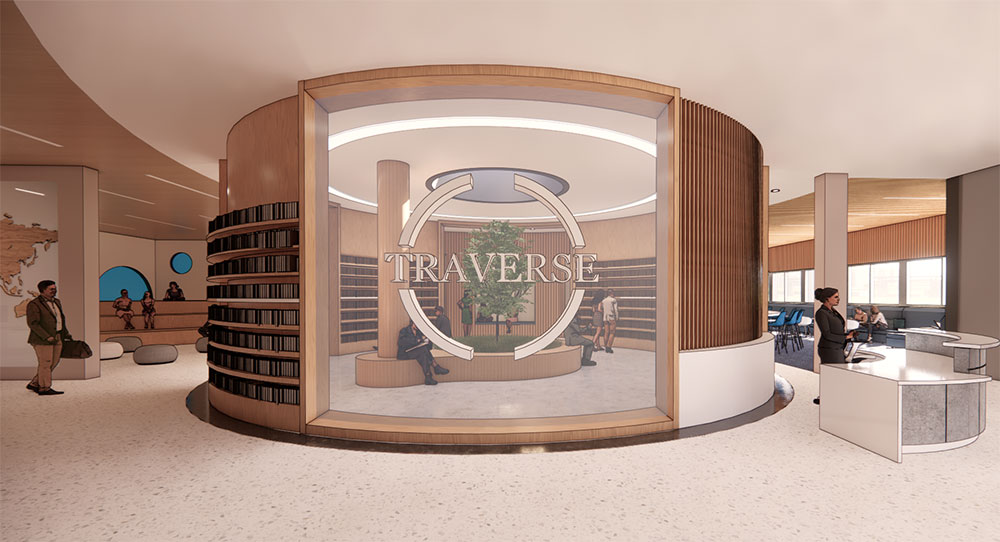 3D render of people in Traverse's reception area