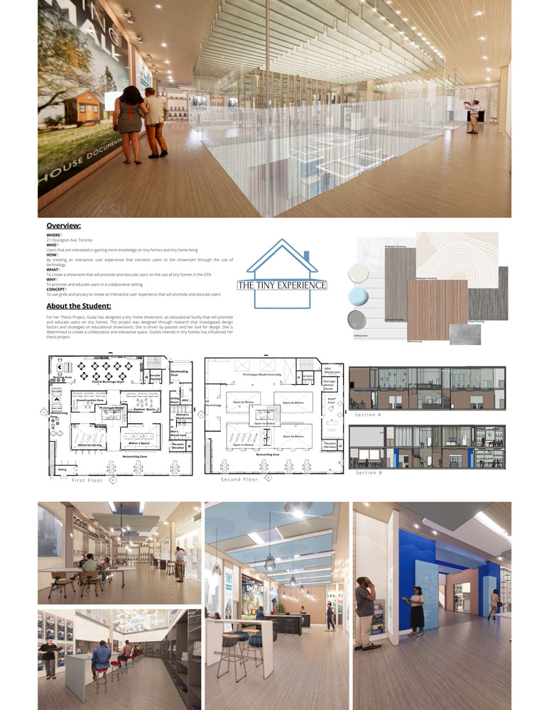 Poster showing 3D renders, floor plans and conceptual sketches of The Tiny experience