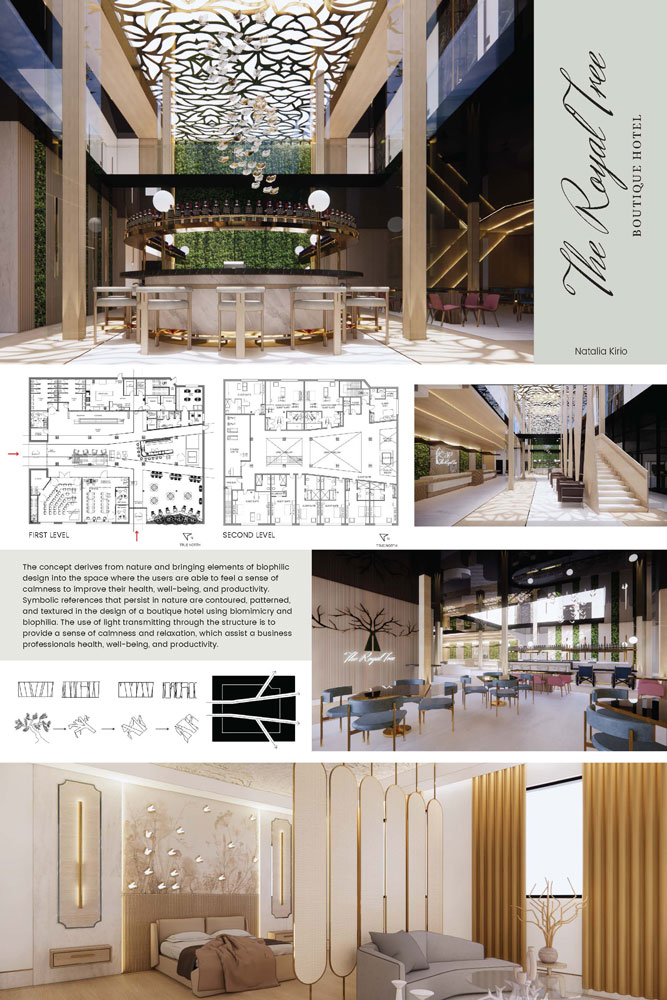 Poster showing 3D renders, floor plans and conceptual sketches of The Royal Tree Boutique Hotel