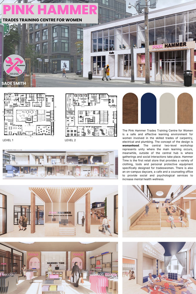 Poster showing 3D renders, floor plans and conceptual sketches of The Pink Hammer Trades Training Centre for Women.