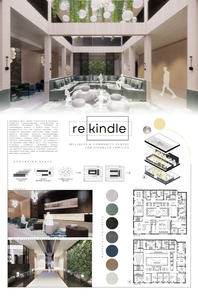 Poster showing 3D renders, floor plans and conceptual sketches of The Project